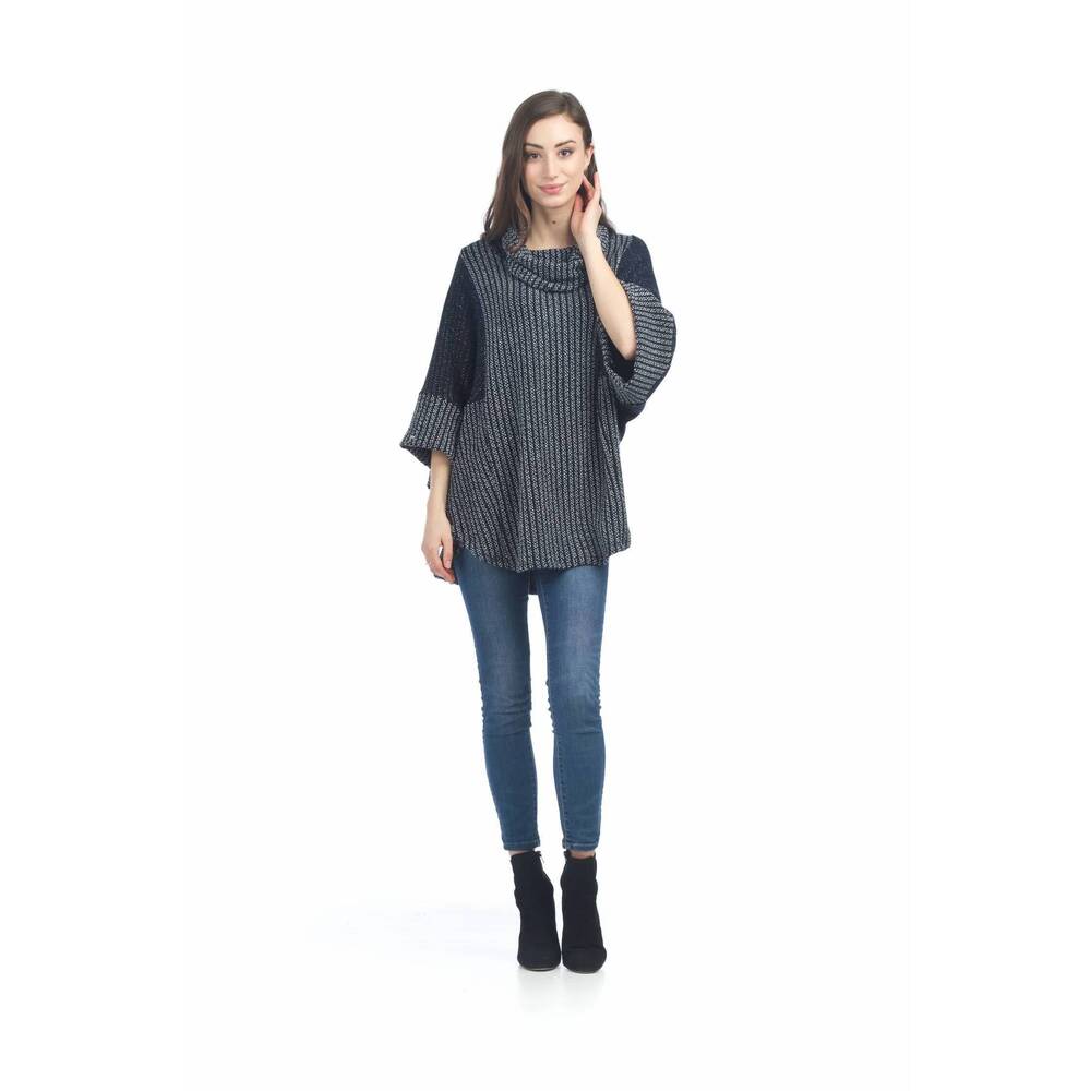 NEW PAPILLON patch knit poncho with cowl neck in blue